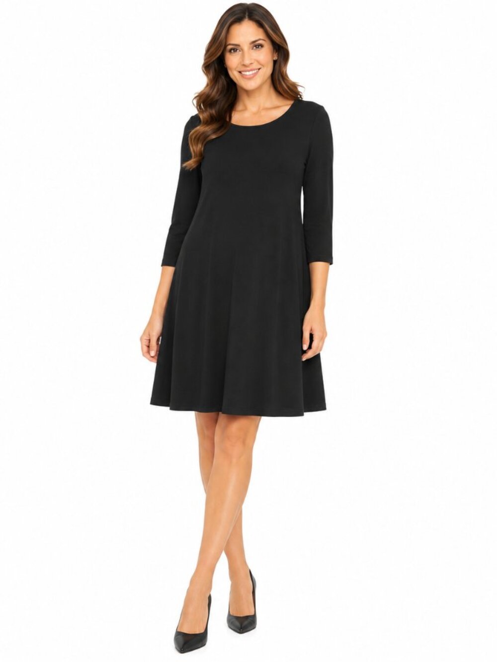 2/$30 Chico’s Black Swing Dress 3/4 Sleeve A Line Knee Length LBD Sz 1 (M)